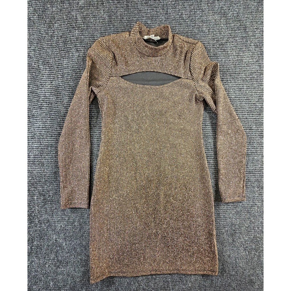 Rewind Mini Dress Womens Medium Black Gold Ribbed Stretch Cutout Front Mock Neck